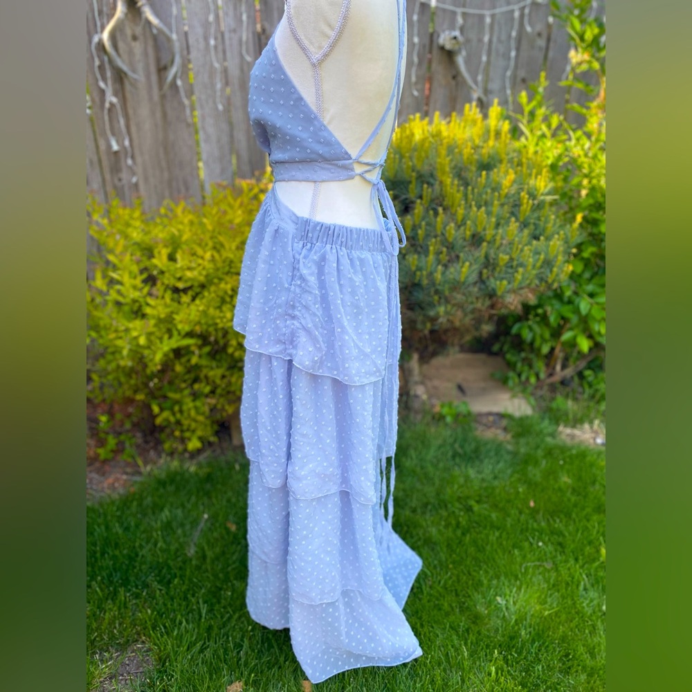 Periwinkle Pastel Blue Tiered Ruffle Backless Spring Dress Adjustable - Picture 3 of 6